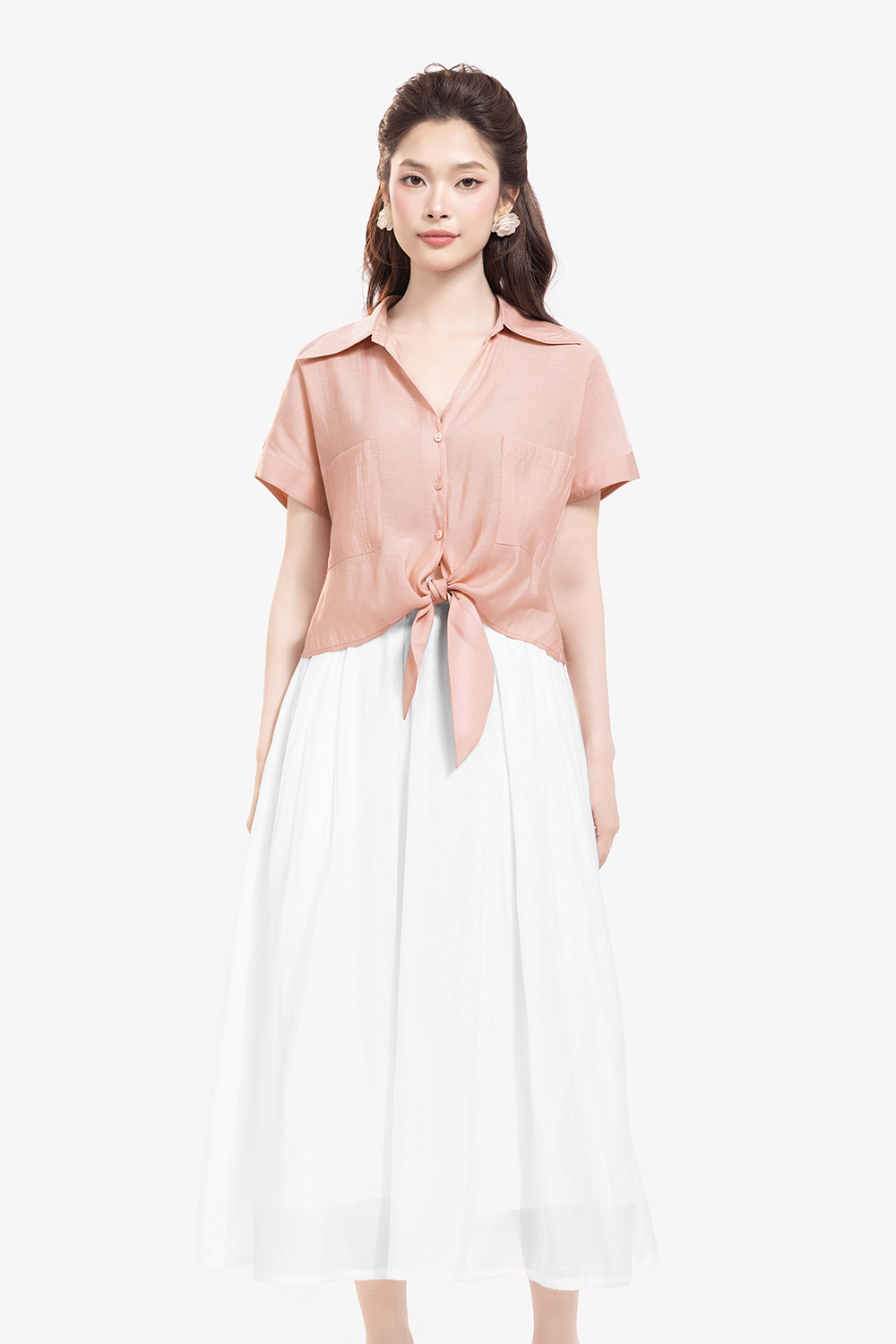 Áo kiểu sơ mi nữ buộc eo màu hồng