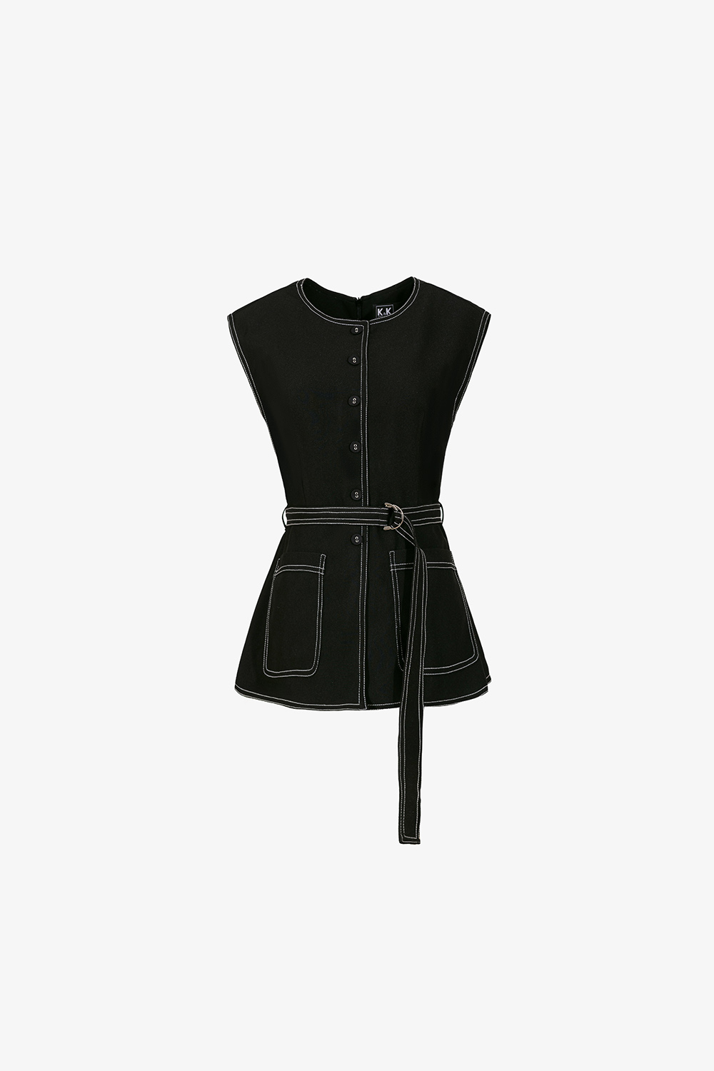 Áo đen peplum viền chỉ phối thắt lưng