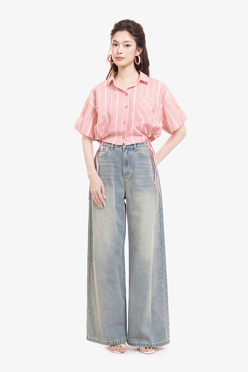 Áo sơ mi kiểu croptop nữ phối nơ