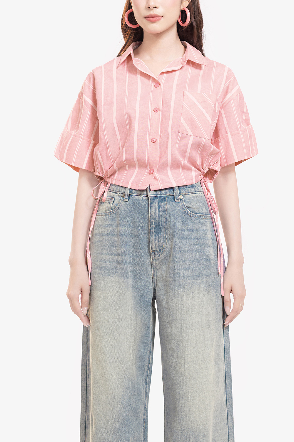 Áo sơ mi kiểu croptop nữ phối nơ