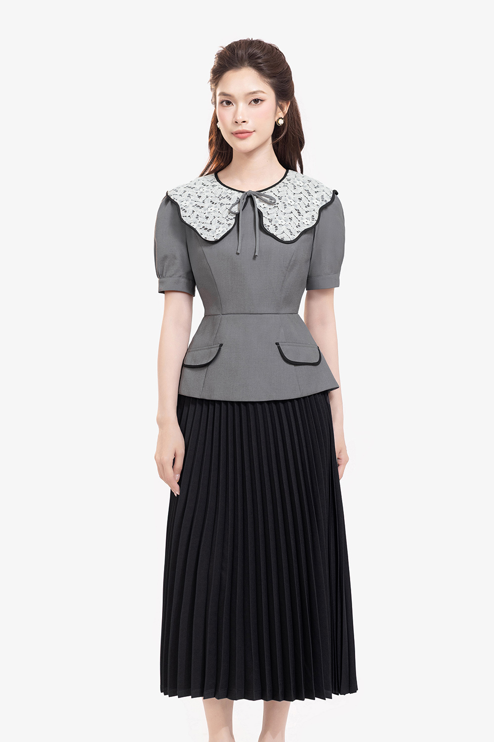 Áo peplum công sở nữ phối cổ ren trắng