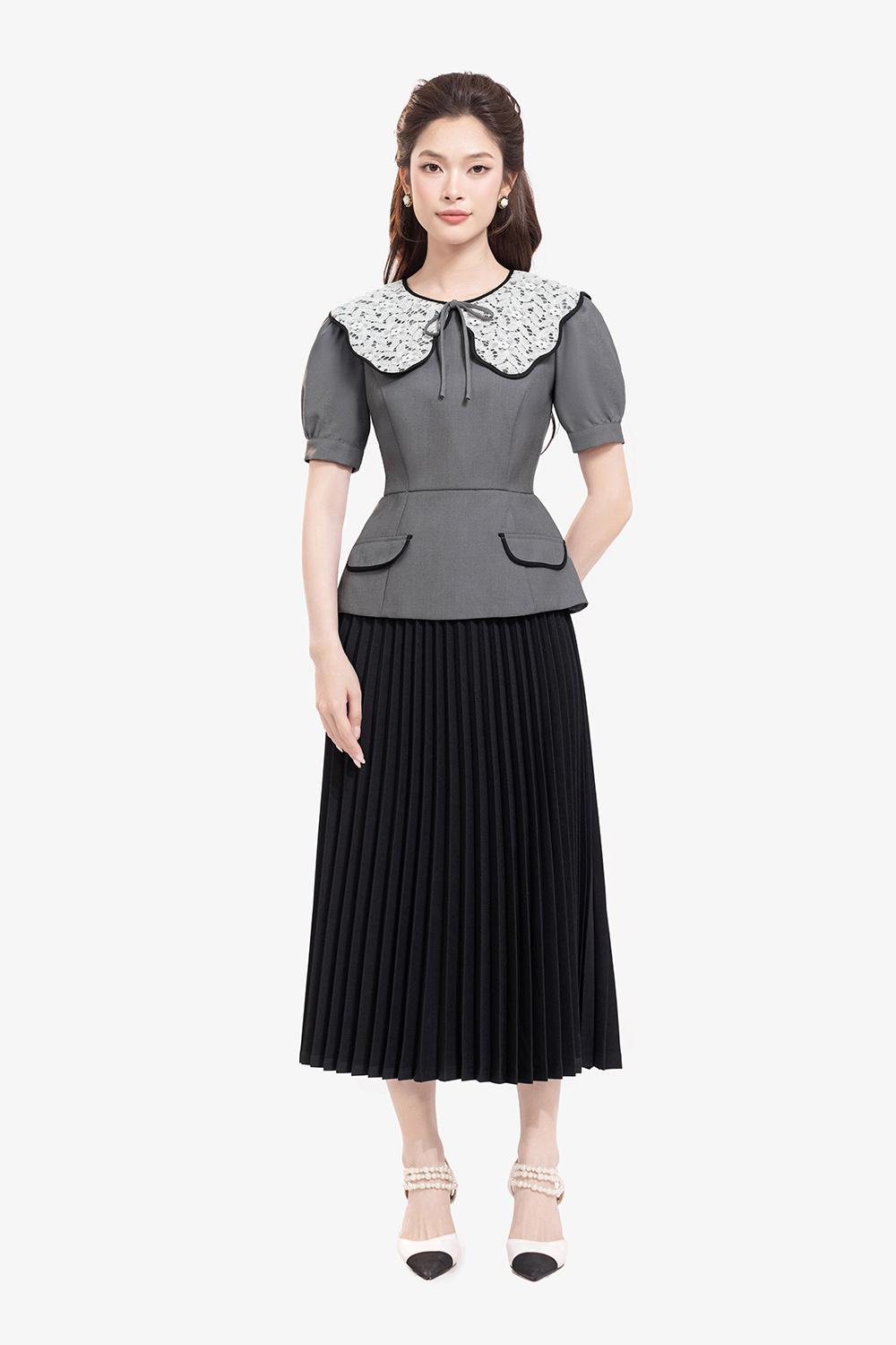 Áo peplum công sở nữ phối cổ ren trắng