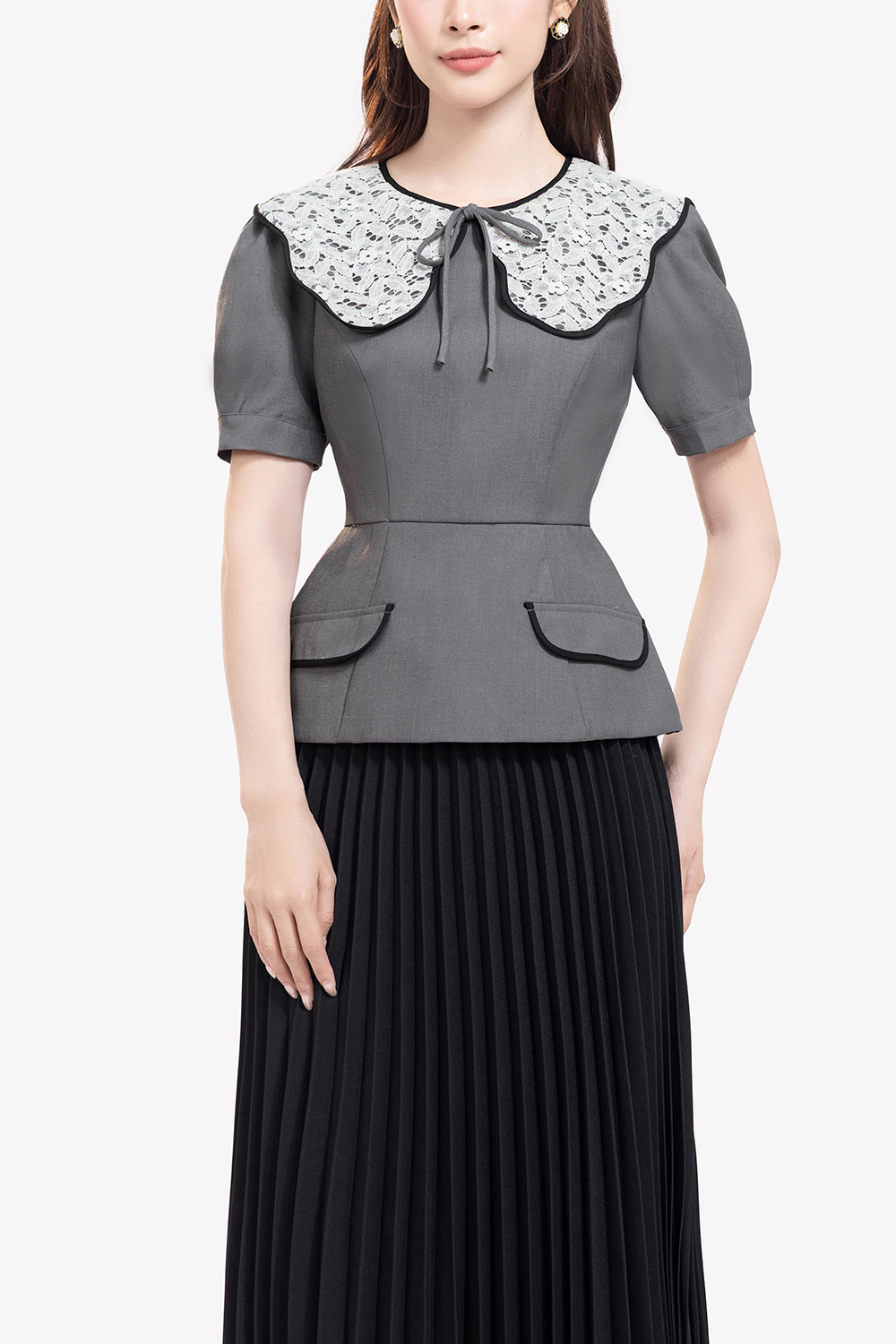 Áo peplum công sở nữ phối cổ ren trắng