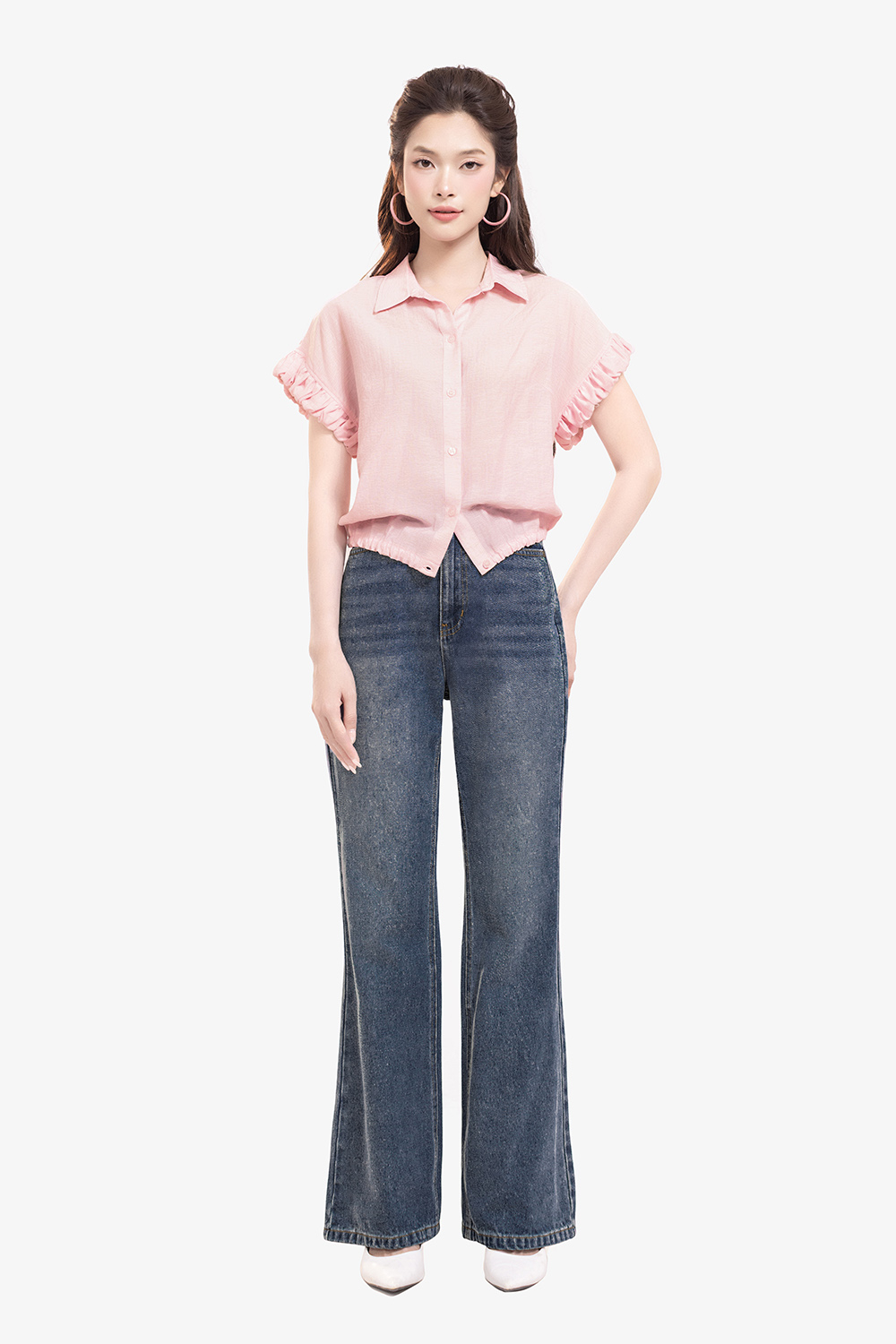 Áo sơ mi nữ màu hồng tay nhún bèo