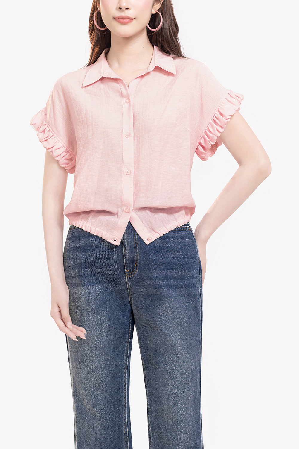 Áo sơ mi nữ màu hồng tay nhún bèo