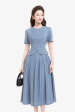 Chân váy linen dáng dài xếp ly màu xanh