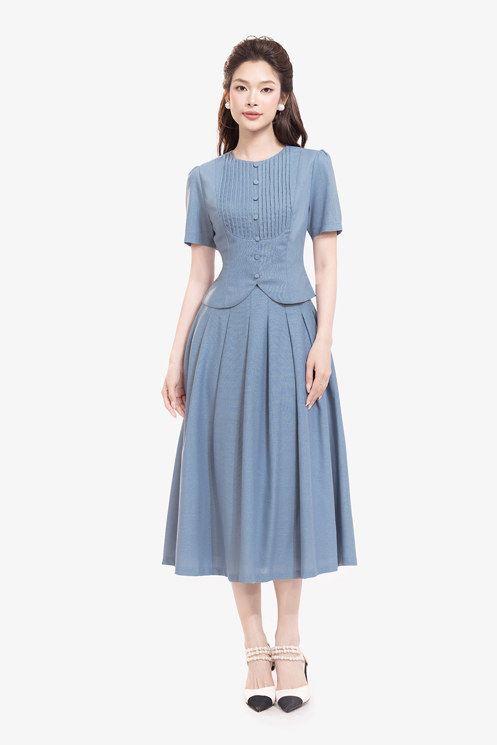 Chân váy linen dáng dài xếp ly màu xanh