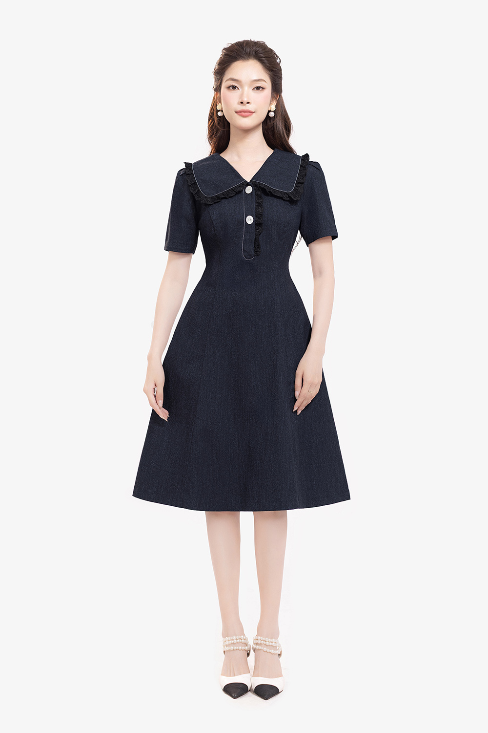 Đầm denim công sở dáng chữ A cổ sen