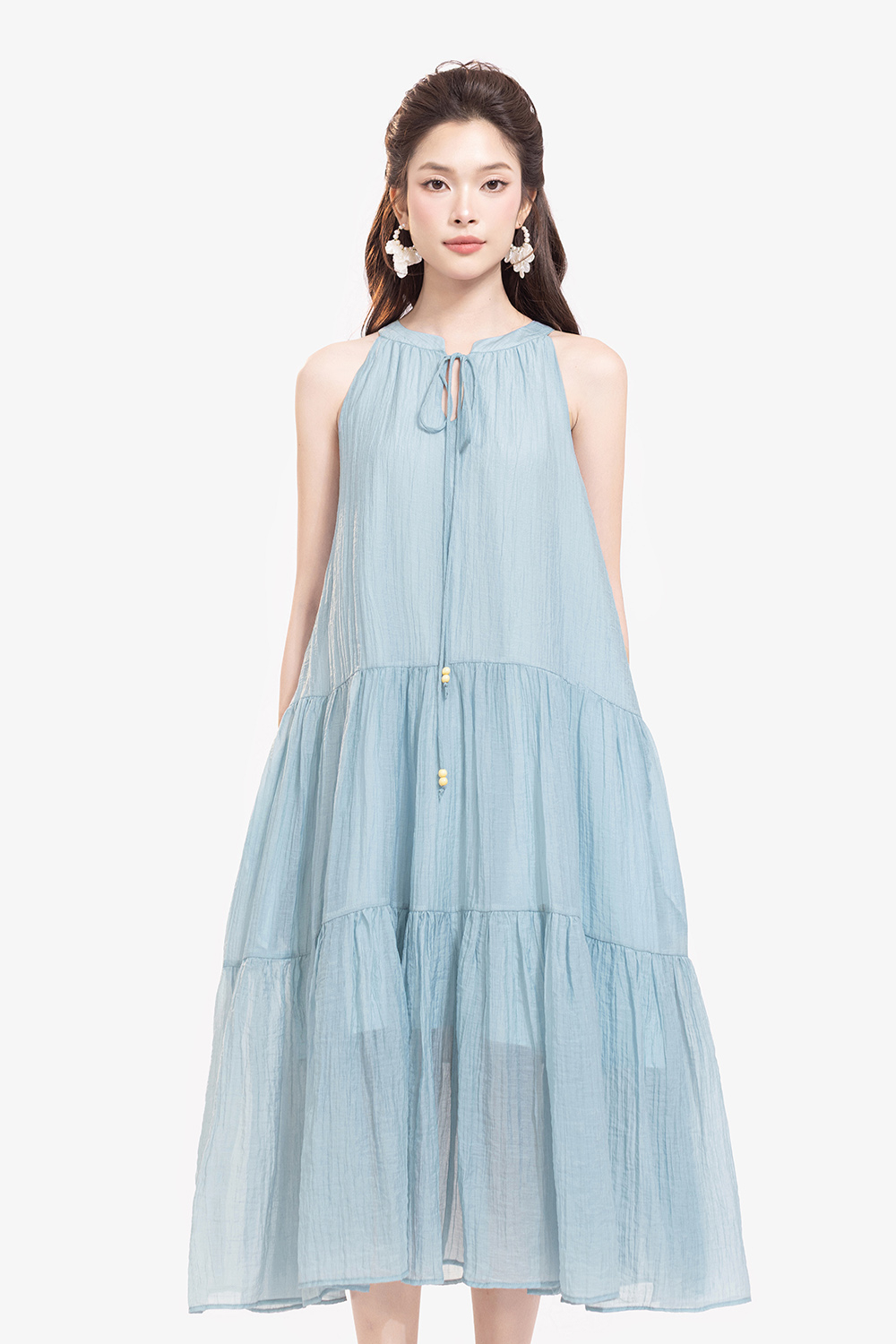 Đầm cổ yếm dáng suông dài màu xanh