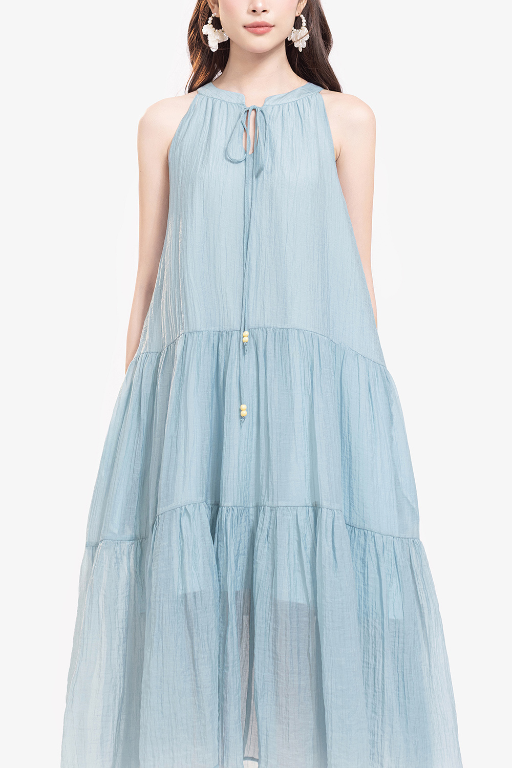 Đầm cổ yếm dáng suông dài màu xanh