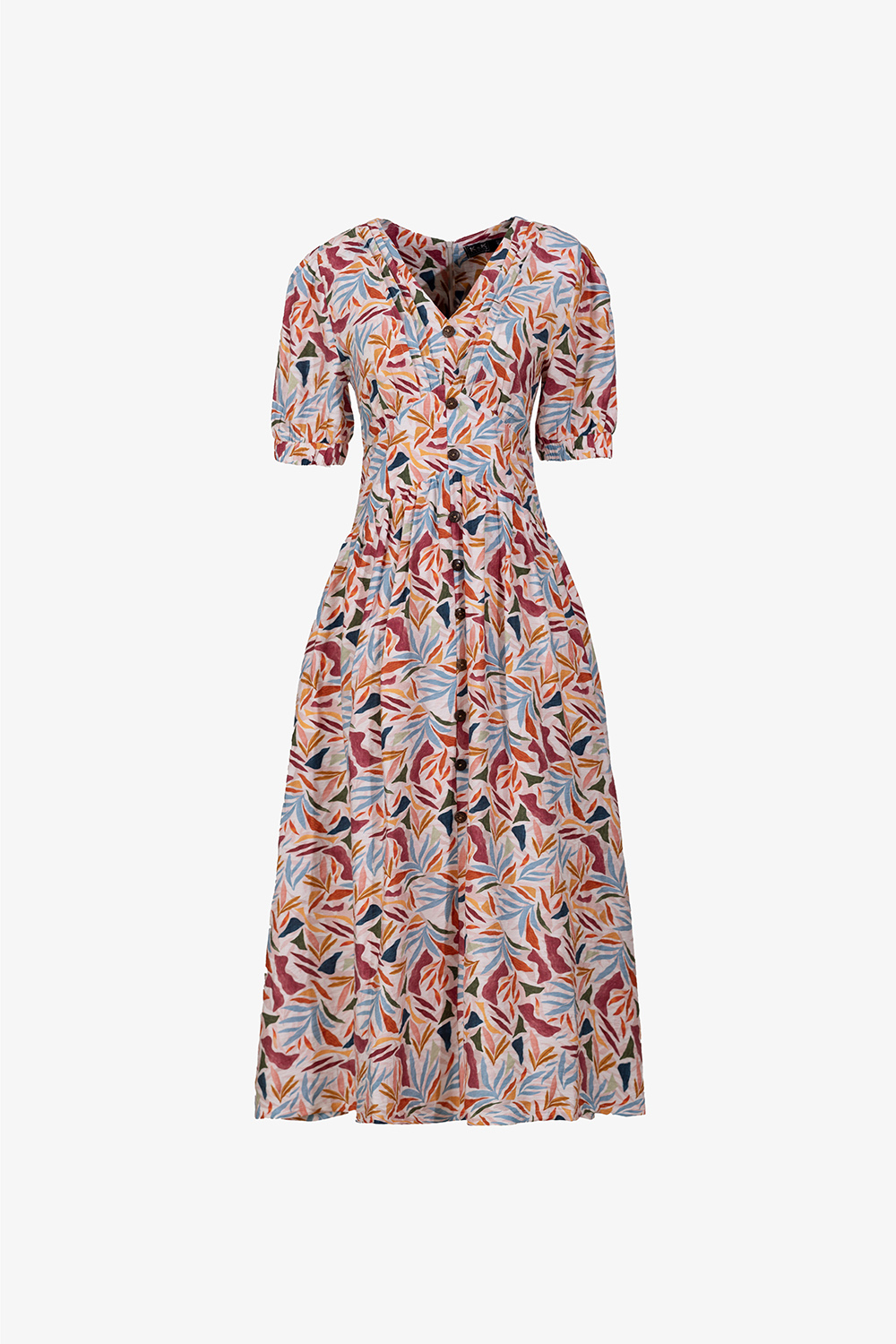 Đầm họa tiết dáng xòe dài cổ V