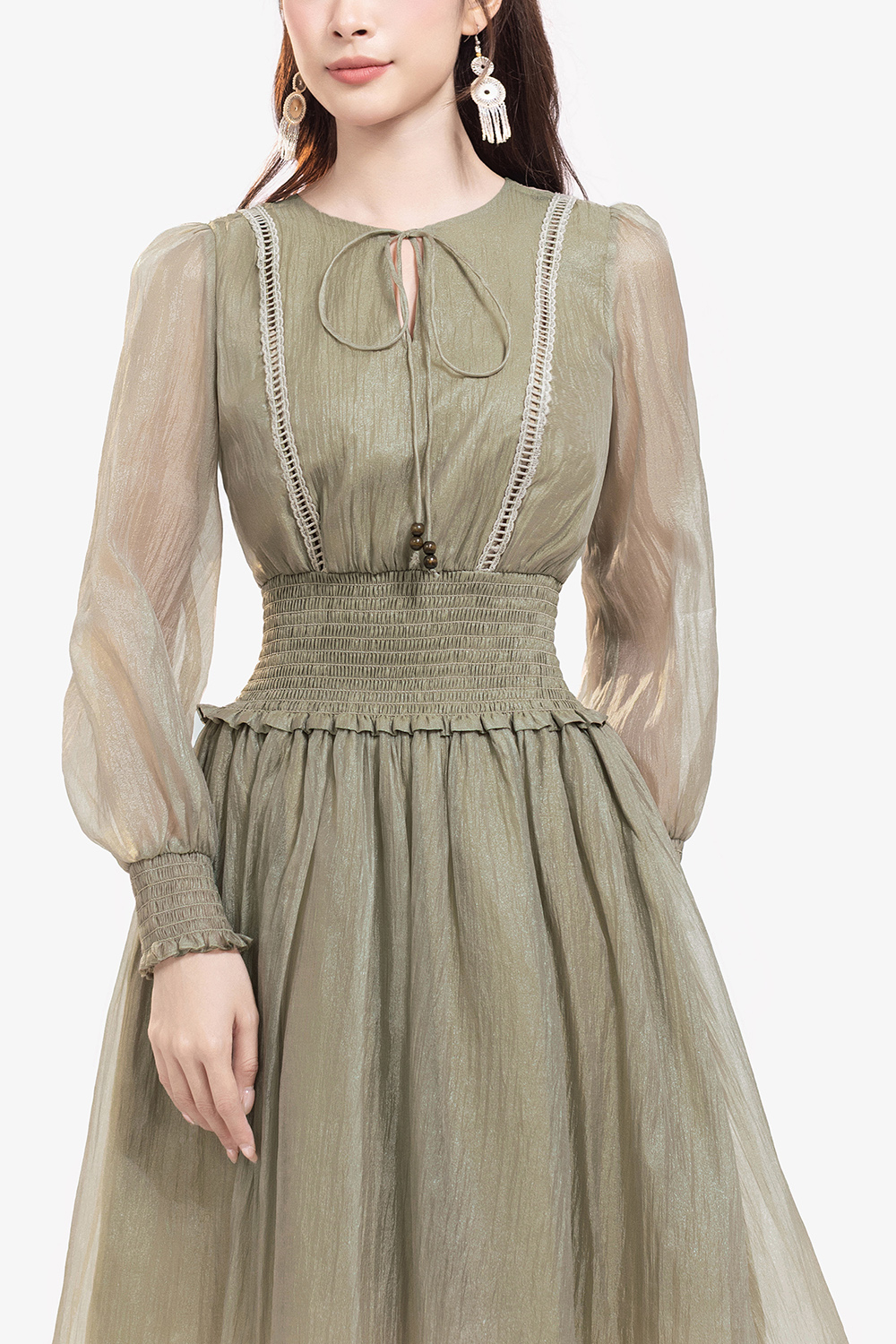 Đầm xòe tay dài eo bo chun