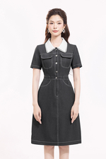 Đầm denim chữ A cổ sơ mi phối ren