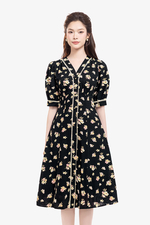 Đầm đen hoa dáng chữ A linen thun