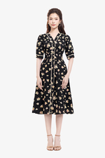 Đầm đen hoa dáng chữ A linen thun