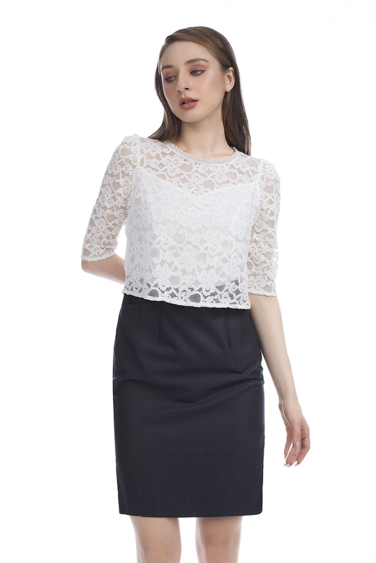 Đầm chữ A giả set áo ren chân váy KK95-04