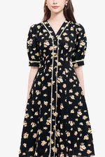 Đầm đen hoa dáng chữ A linen thun