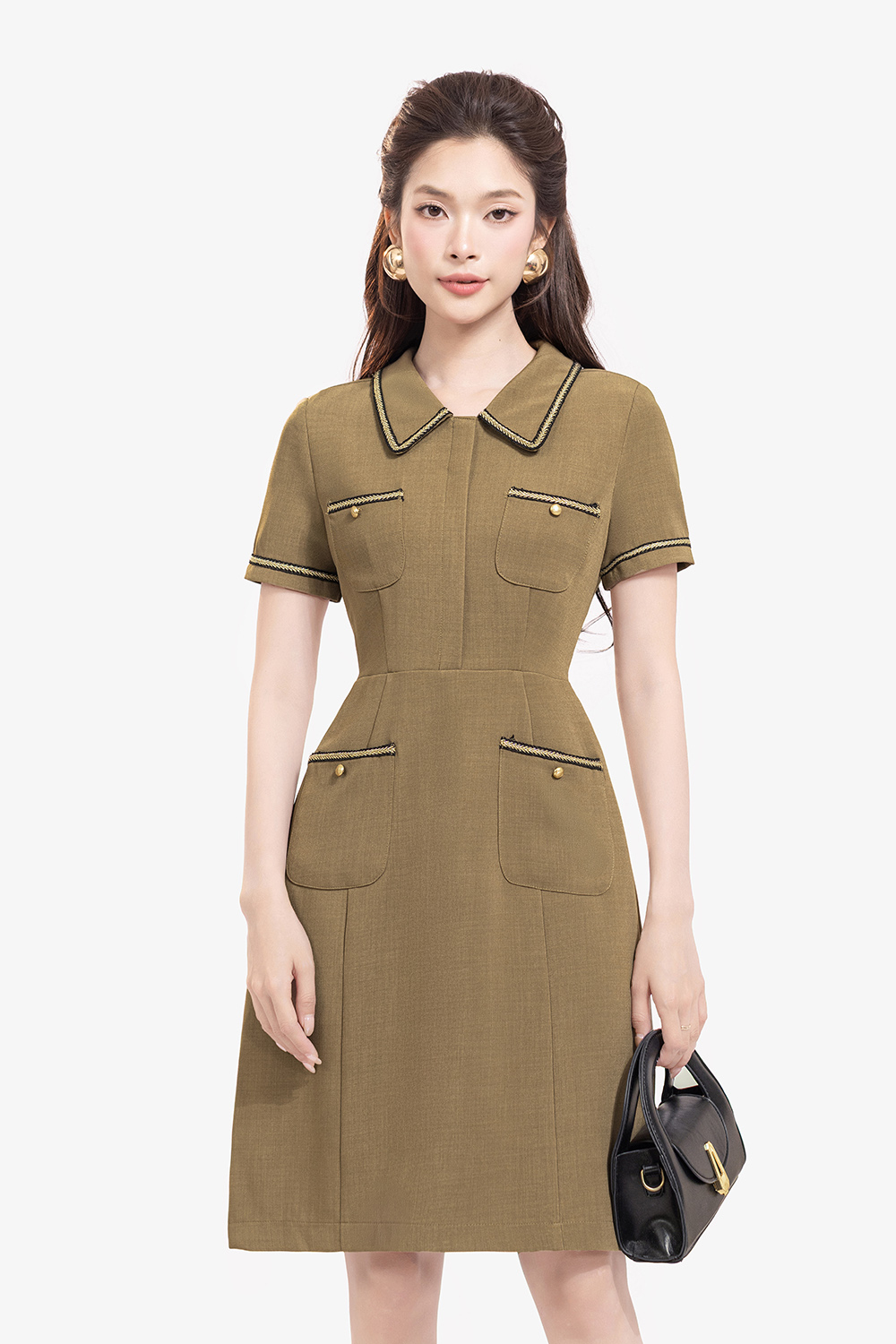 Đầm chữ A công sở màu nâu phối viền
