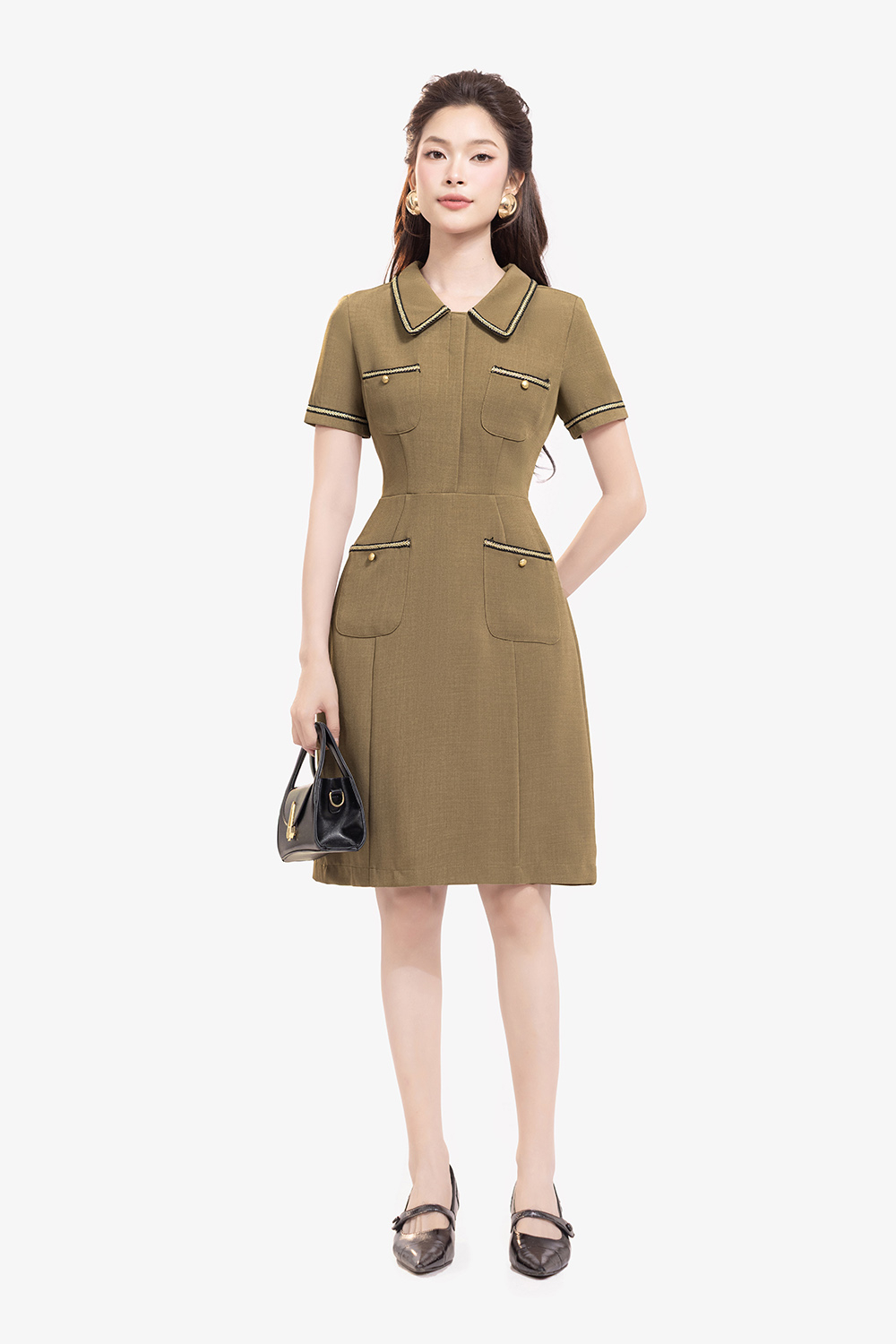 Đầm chữ A công sở màu nâu phối viền