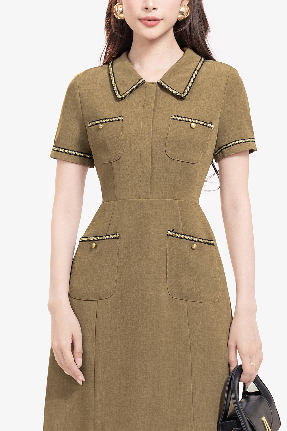 Đầm chữ A công sở màu nâu phối viền