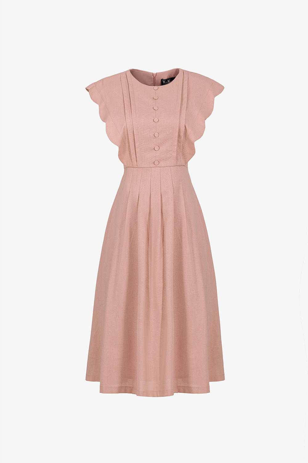 Đầm xòe hồng tay hến phối nút