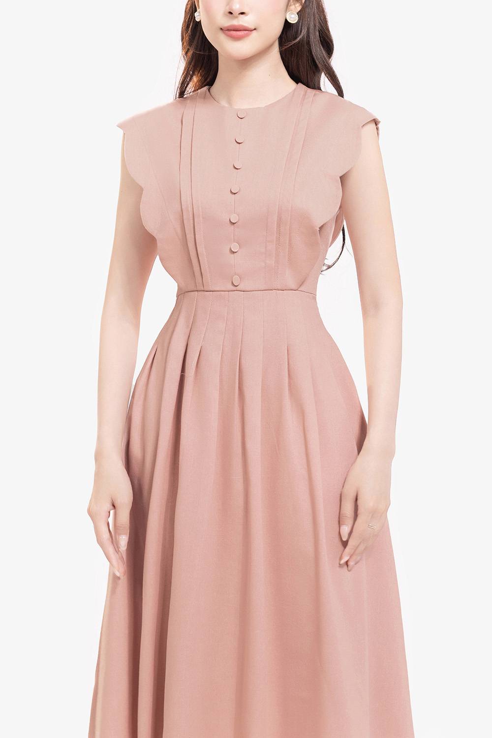 Đầm xòe hồng tay hến phối nút