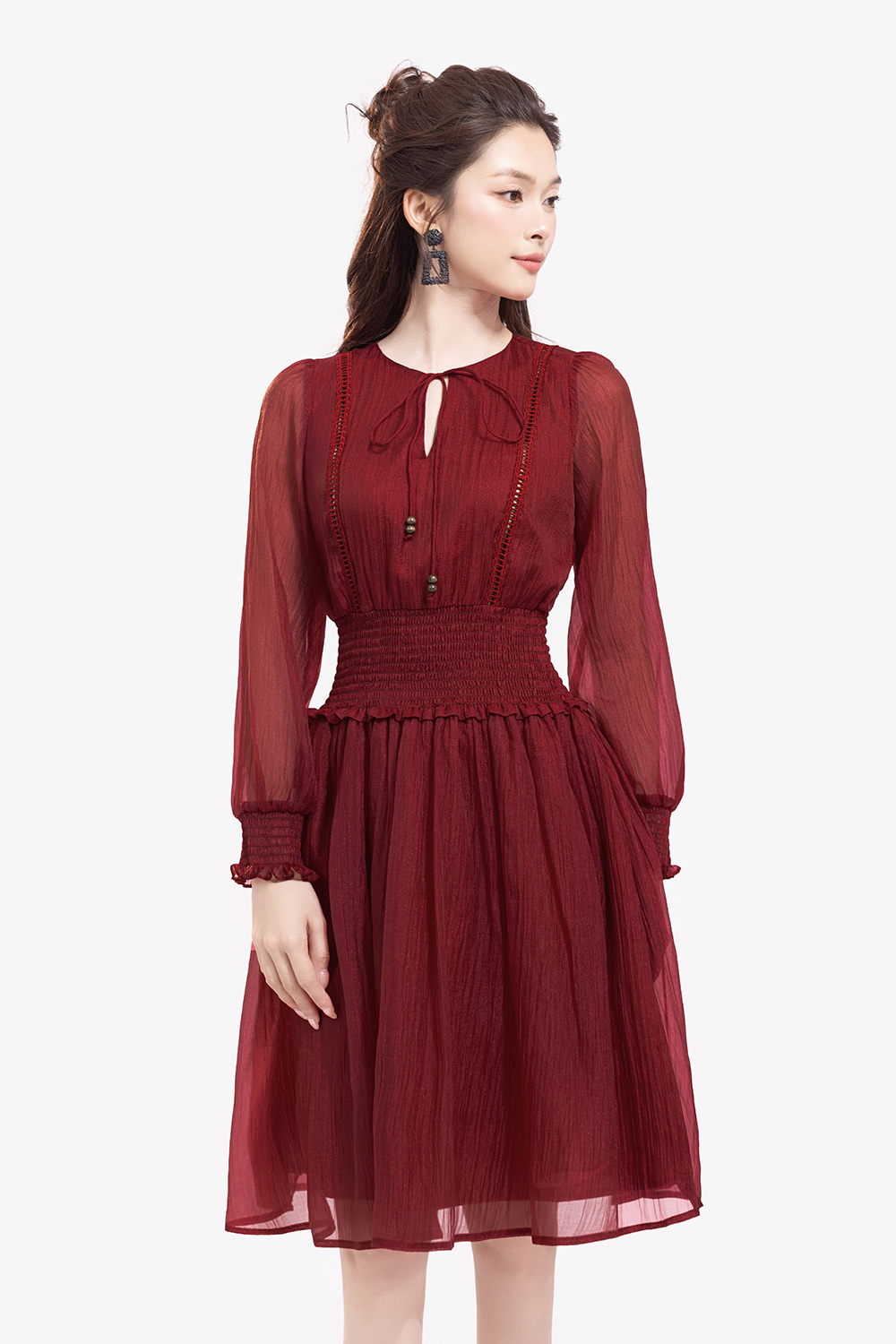 Đầm đỏ xòe tay dài eo bo chun co giãn