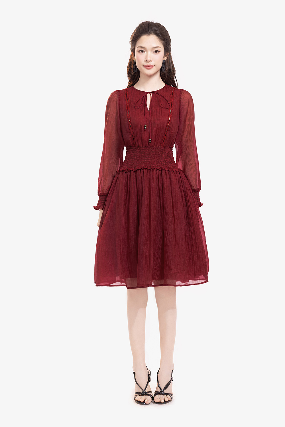 Đầm đỏ xòe tay dài eo bo chun co giãn