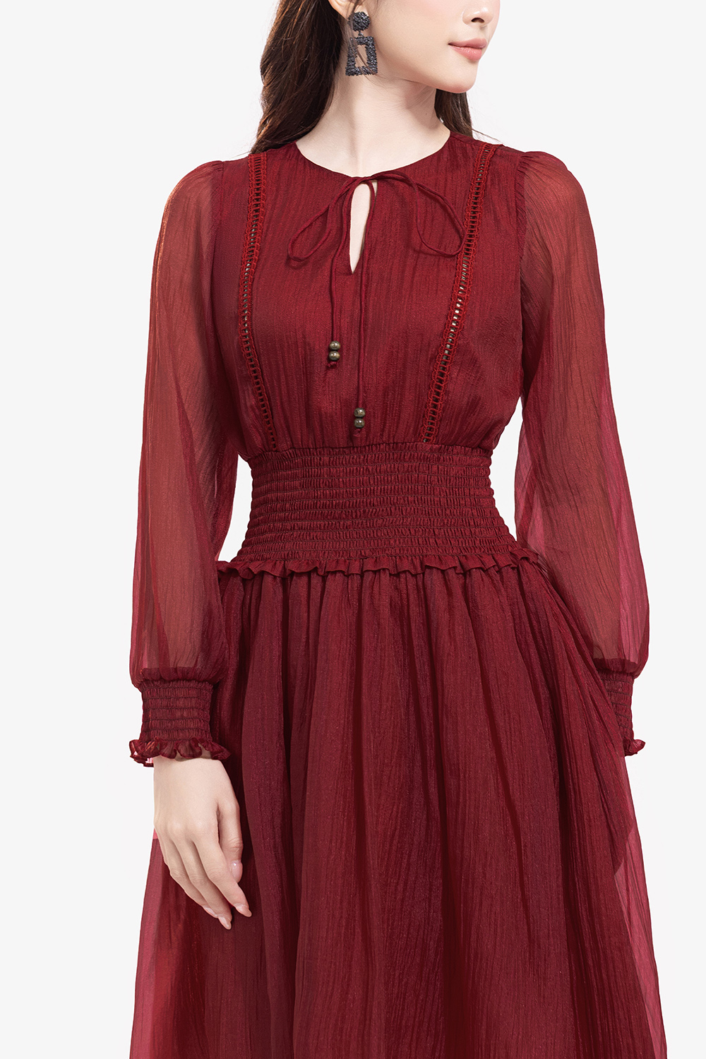 Đầm đỏ xòe tay dài eo bo chun co giãn