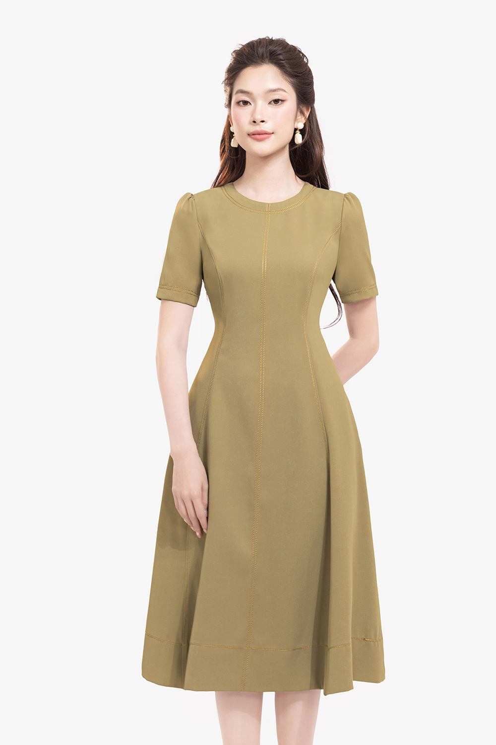 Đầm công sở dáng xòe dài phối viền chỉ