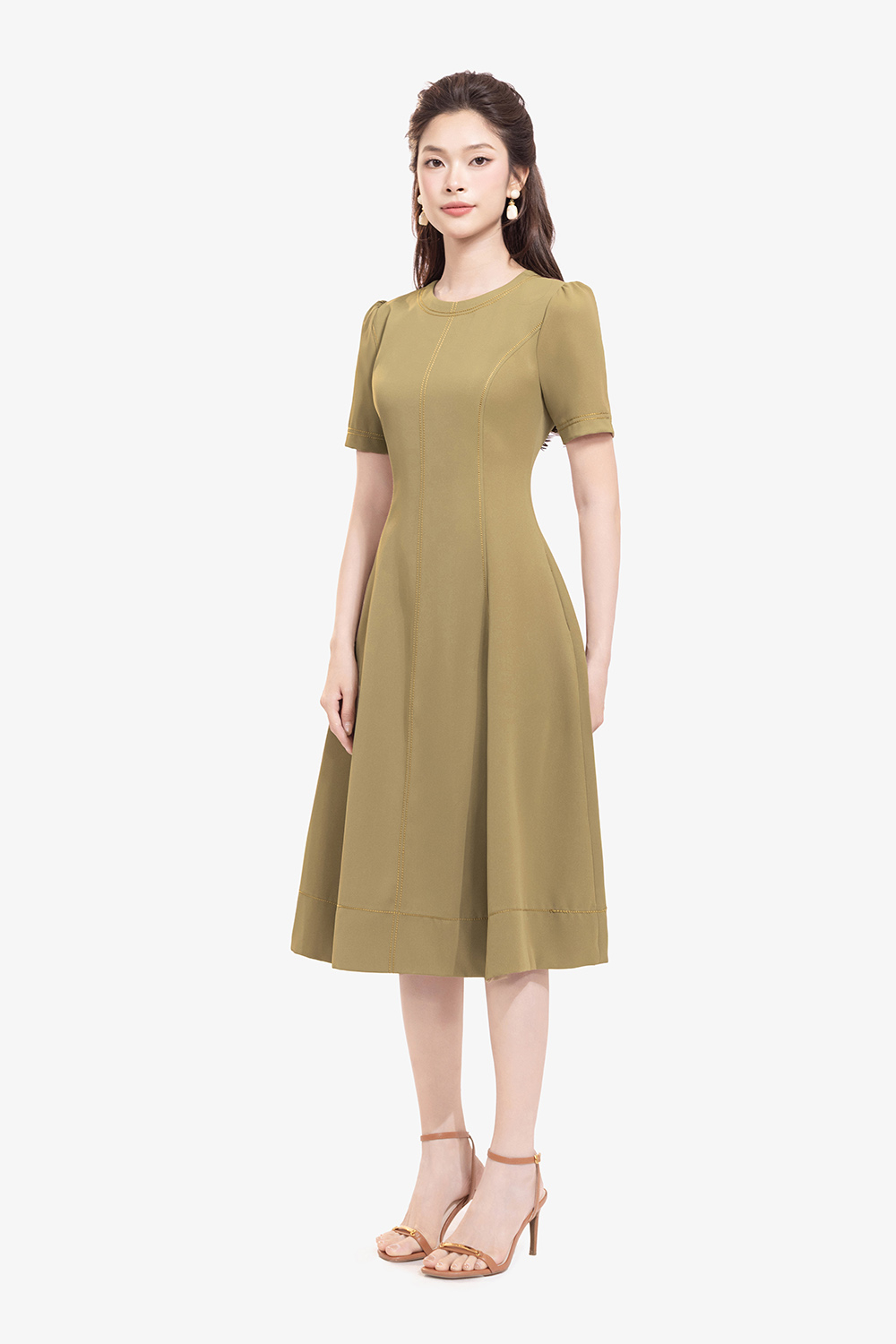 Đầm công sở dáng xòe dài phối viền chỉ