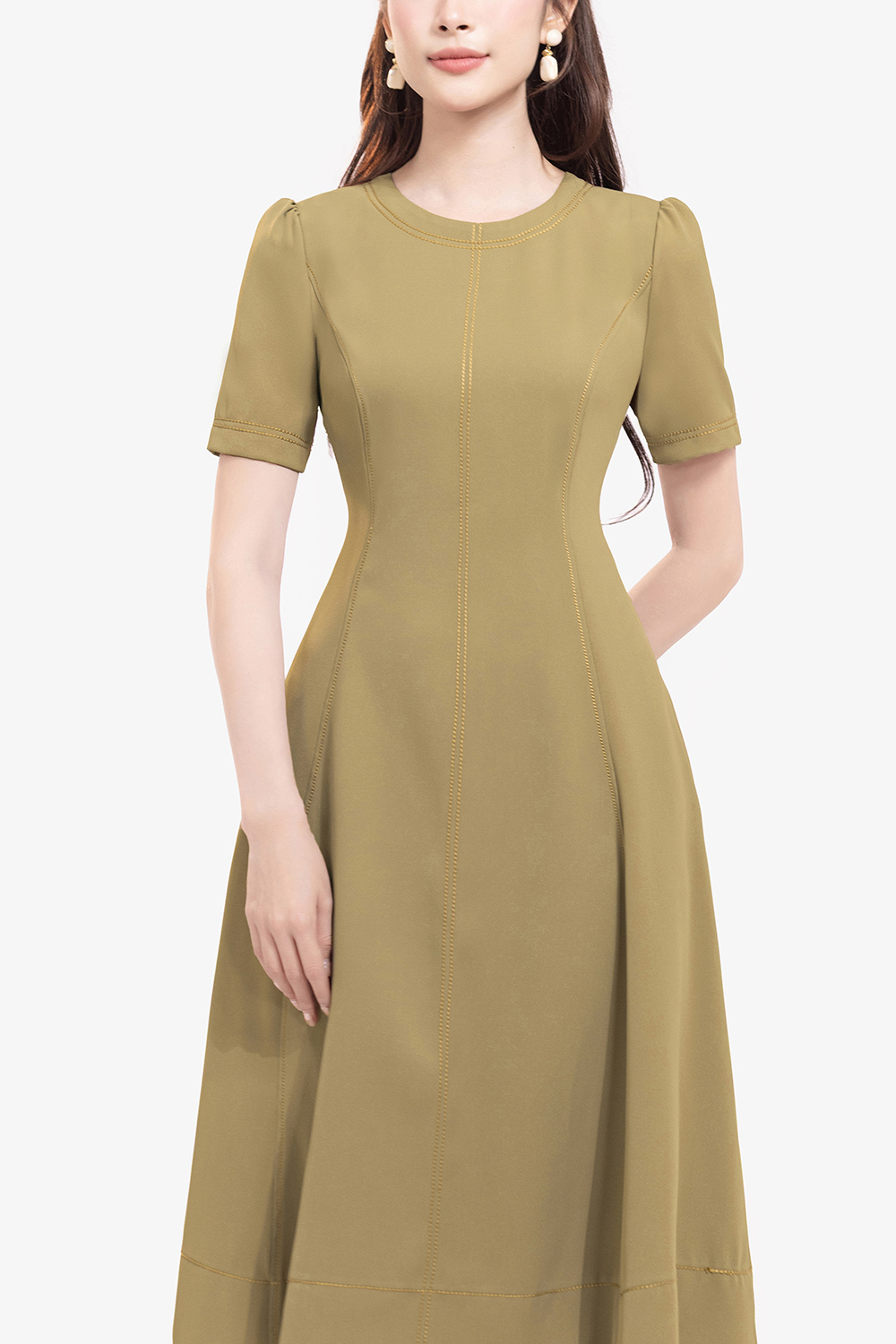 Đầm công sở dáng xòe dài phối viền chỉ