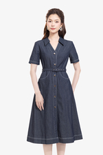 Đầm denim sơ mi dáng xòe viền chỉ