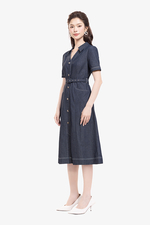 Đầm denim sơ mi dáng xòe viền chỉ