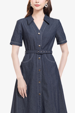 Đầm denim sơ mi dáng xòe viền chỉ