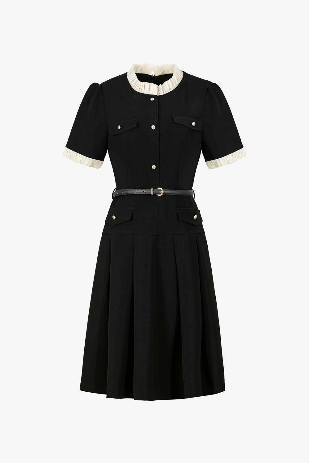 Đầm đen công sở dáng xòe xếp ly phối bèo