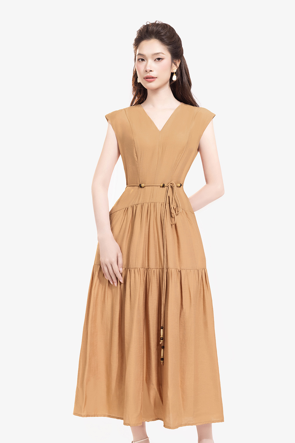 Đầm xòe tầng dáng dài thắt nơ eo