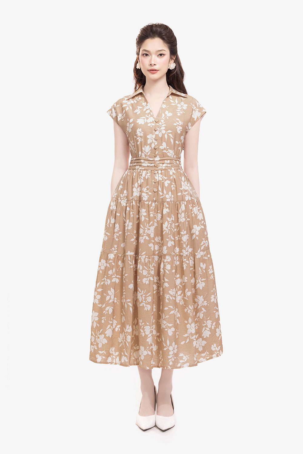 Đầm sơ mi hoa dáng xòe nhấn eo