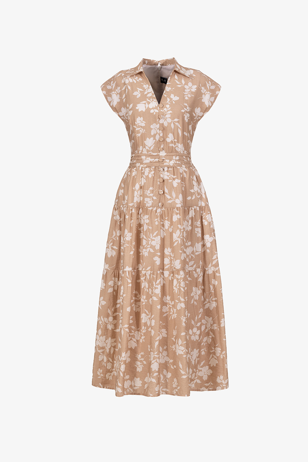 Đầm sơ mi hoa dáng xòe nhấn eo