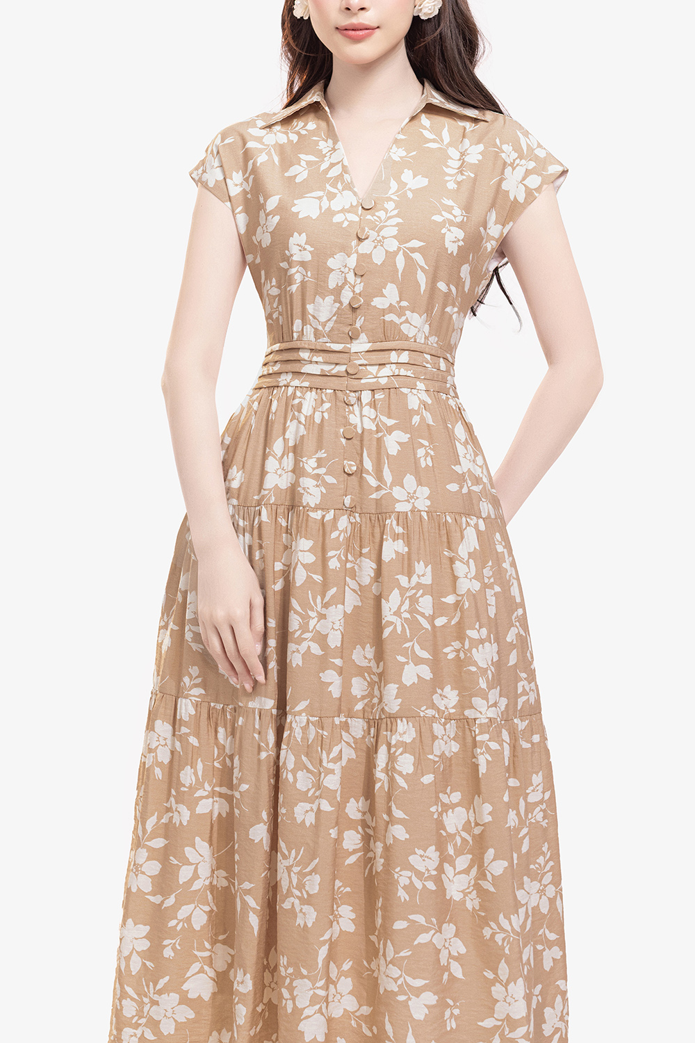 Đầm sơ mi hoa dáng xòe nhấn eo