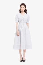 Đầm xòe linen trắng kẻ sọc cổ phối nơ