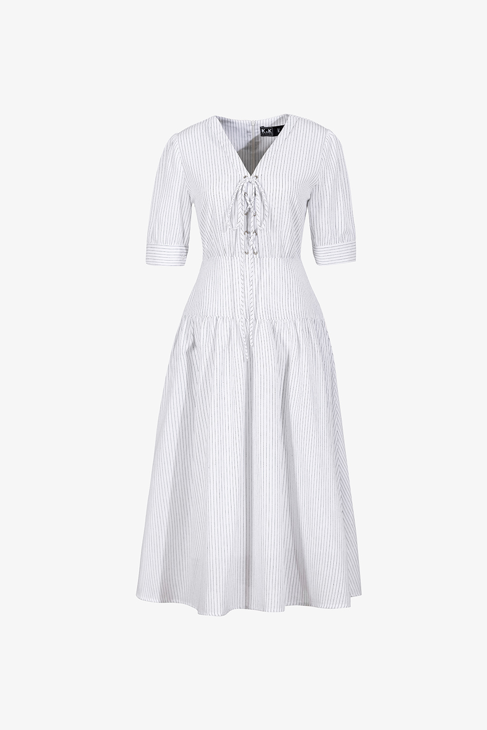 Đầm xòe linen trắng kẻ sọc cổ phối nơ