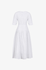 Đầm xòe linen trắng kẻ sọc cổ phối nơ