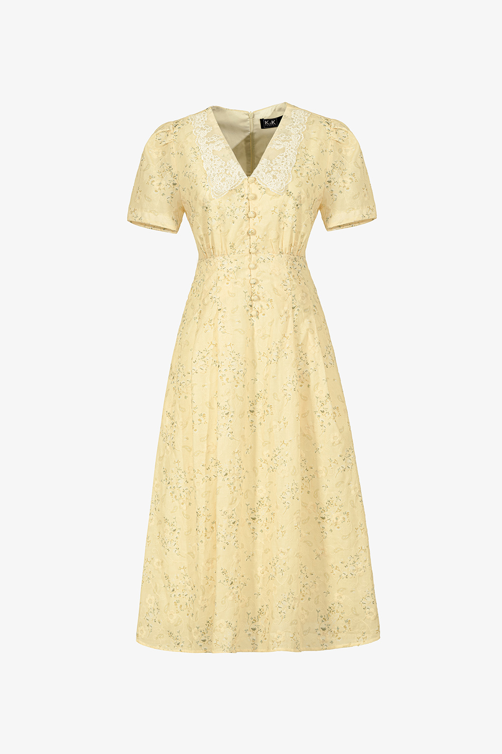 Đầm vàng hoa nhí dáng chữ A xòe cổ sen