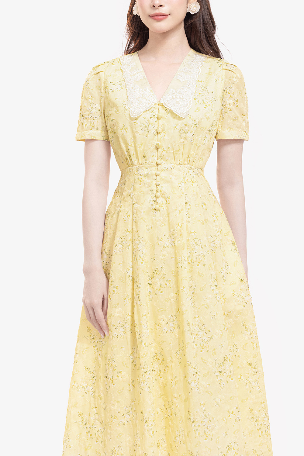 Đầm vàng hoa nhí dáng chữ A xòe cổ sen