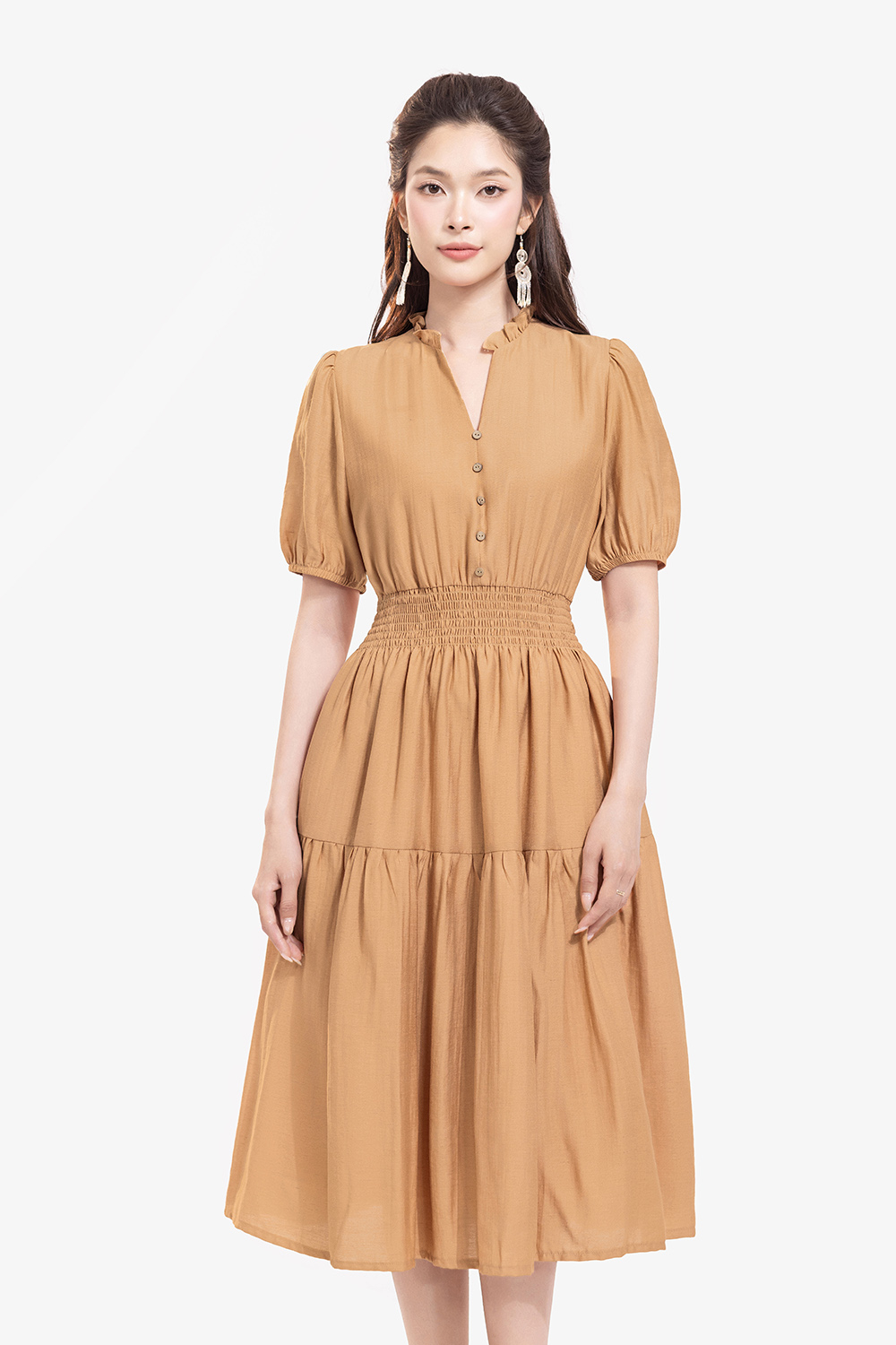 Đầm xòe dáng dài eo bo chun tay phồng