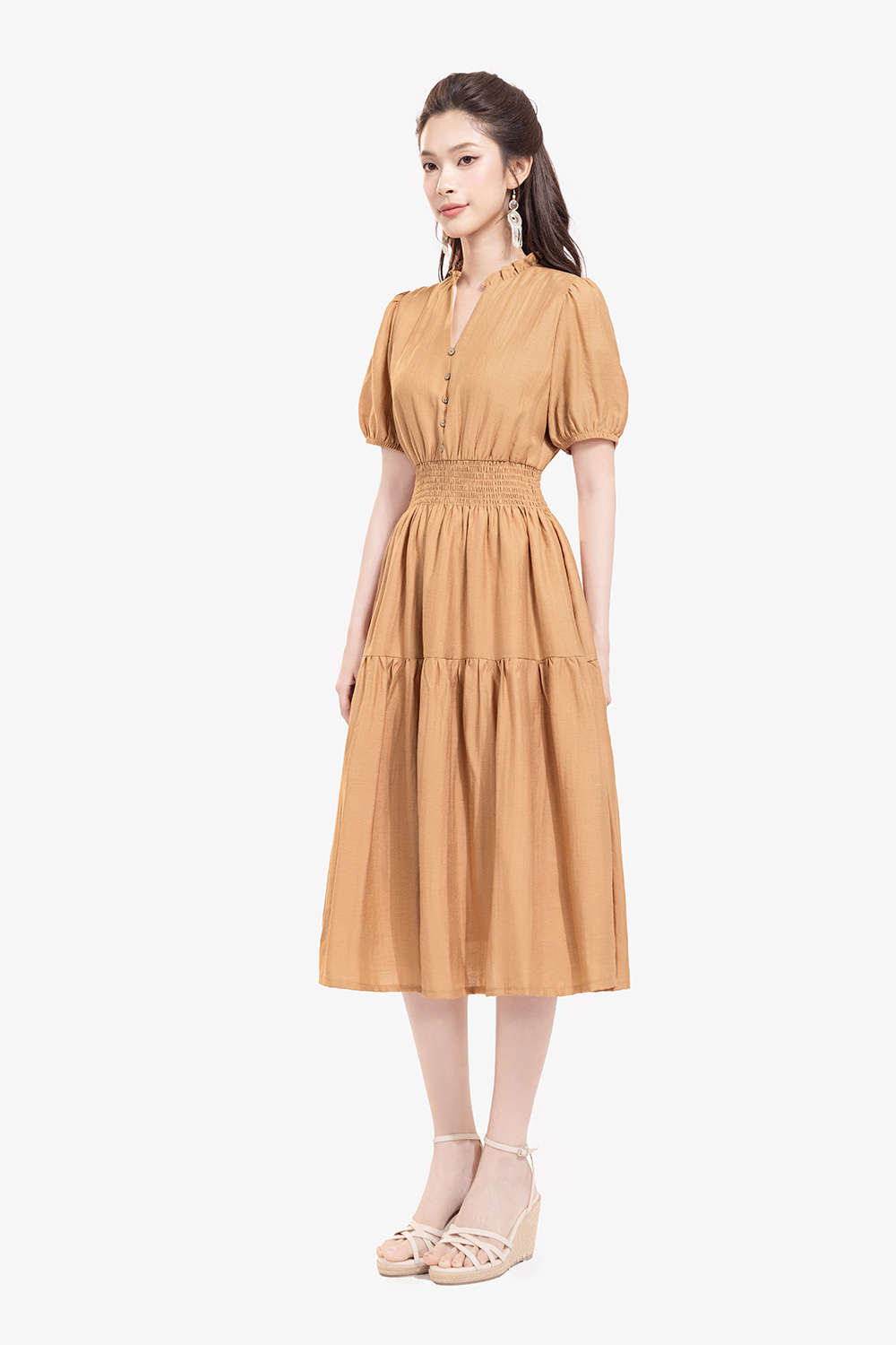 Đầm xòe dáng dài eo bo chun tay phồng