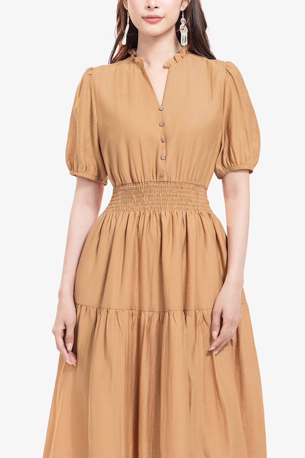 Đầm xòe dáng dài eo bo chun tay phồng