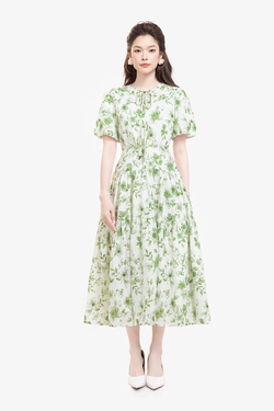 Đầm hoa dáng xòe dài tay phồng