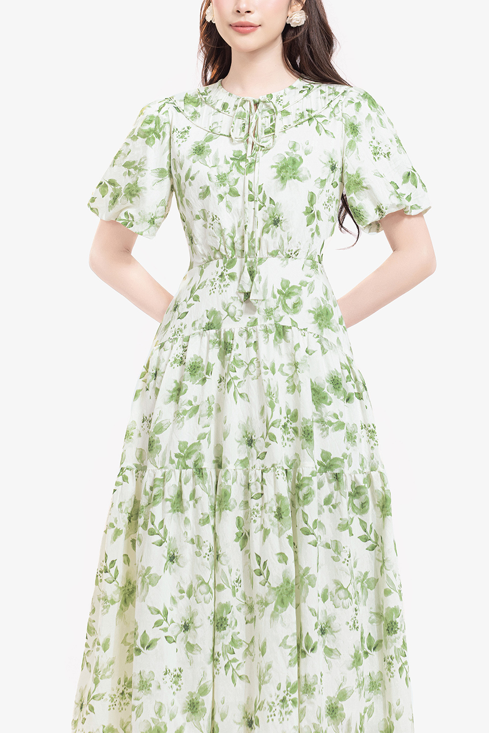 Đầm hoa dáng xòe dài tay phồng